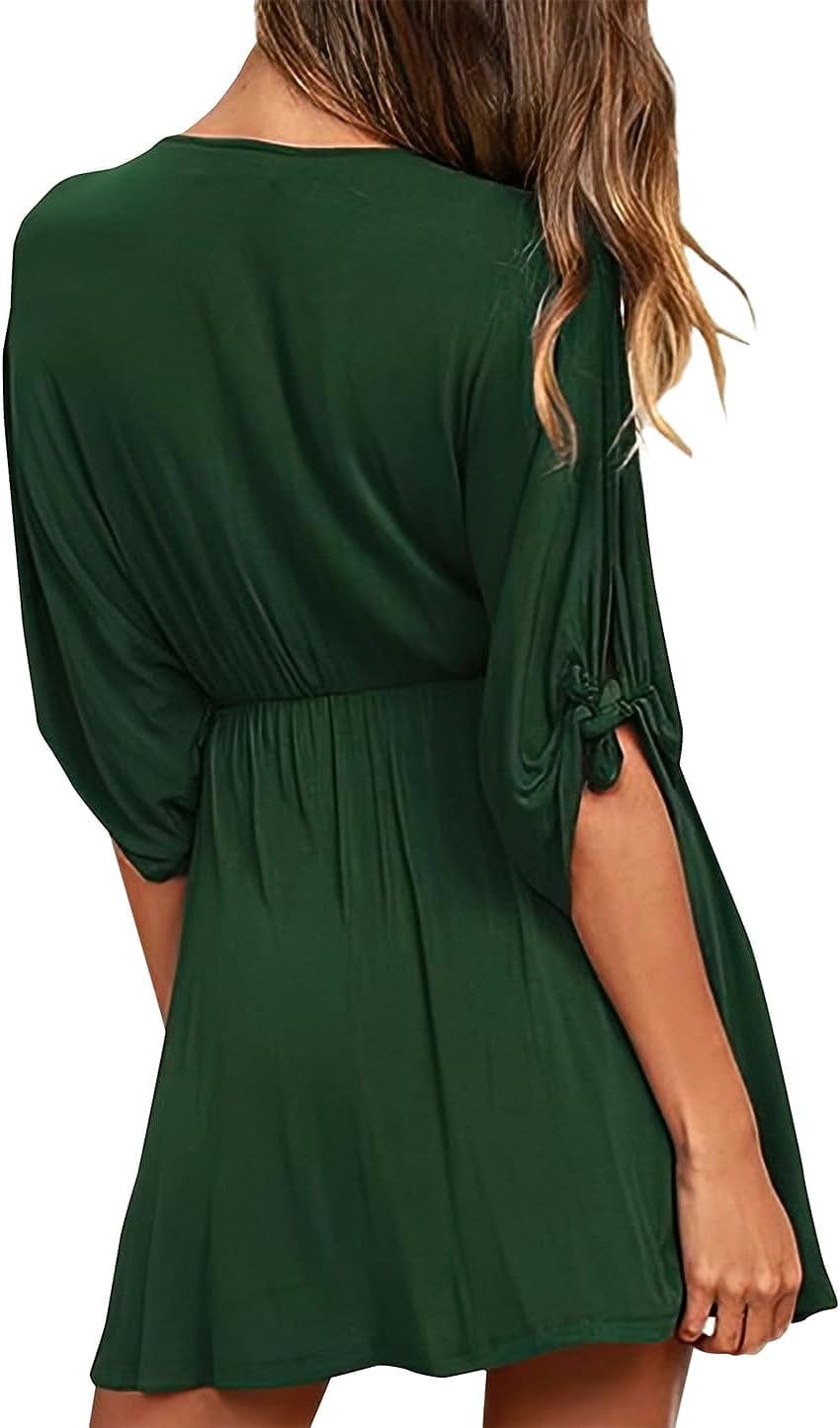 KIFOVEN Women'S Half Split Sleeve Wrap V Neck Ruffle a Line Swing Party Mini Dress