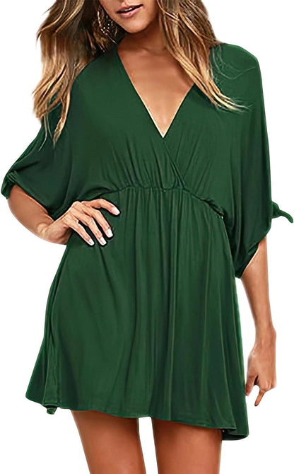 KIFOVEN Women'S Half Split Sleeve Wrap V Neck Ruffle a Line Swing Party Mini Dress