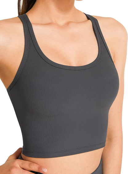KIKIWING Cropped Tank Top Longline Bralette Sports Bra Tank Top 2 Pack Brami Tops Ribbed Crop Top Seamless Sports Bra Set R-graphite Grey / Large