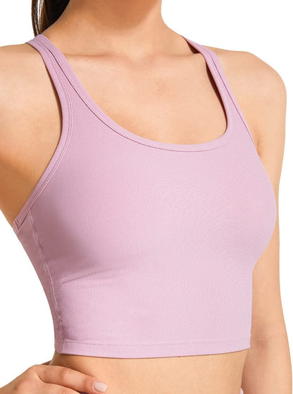 KIKIWING Cropped Tank Top Longline Bralette Sports Bra Tank Top 2 Pack Brami Tops Ribbed Crop Top Seamless Sports Bra Set R-smoke Pink / Large
