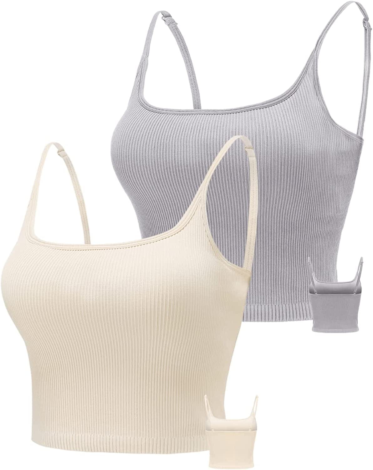 KIKIWING Cropped Tank Top Longline Bralette Sports Bra Tank Top 2 Pack Brami Tops Ribbed Crop Top Seamless Sports Bra Set 2 Pack-grey+beige / Large