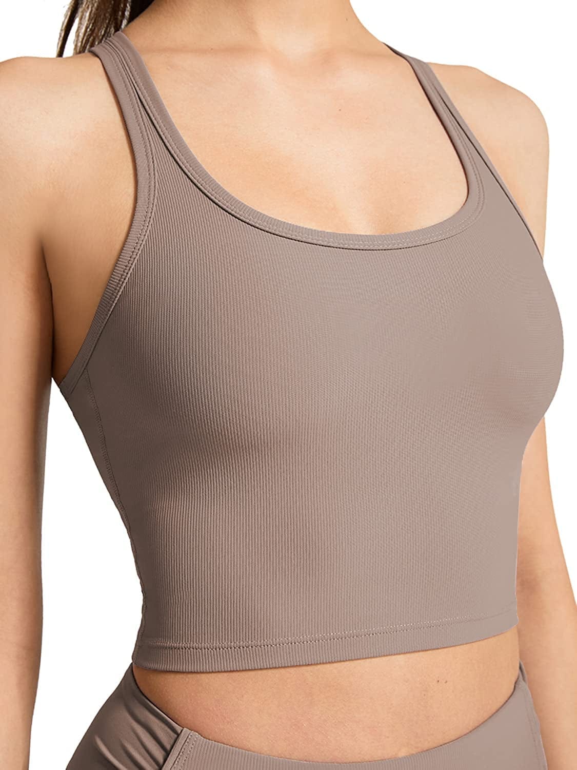 KIKIWING Cropped Tank Top Longline Bralette Sports Bra Tank Top 2 Pack Brami Tops Ribbed Crop Top Seamless Sports Bra Set R-sand Khaki / Large