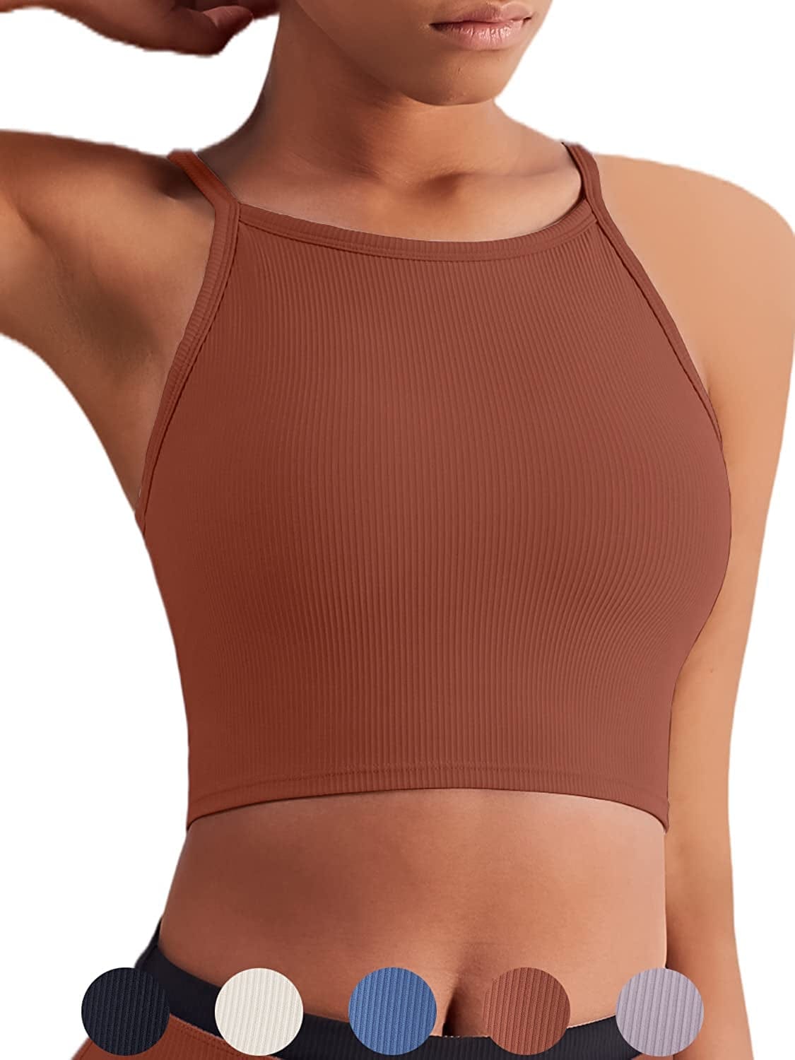 KIKIWING Cropped Tank Top Longline Bralette Sports Bra Tank Top 2 Pack Brami Tops Ribbed Crop Top Seamless Sports Bra Set H-bronze / Large