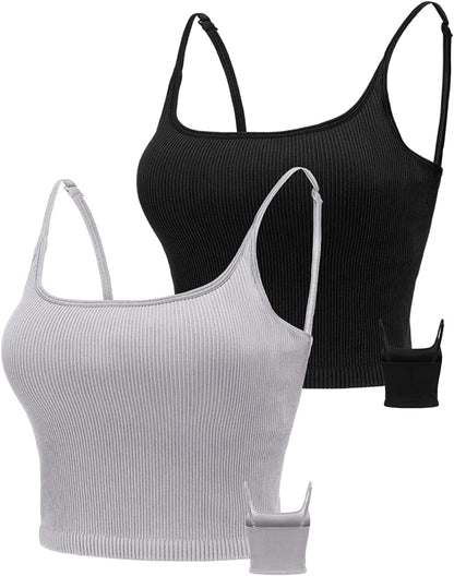 KIKIWING Cropped Tank Top Longline Bralette Sports Bra Tank Top 2 Pack Brami Tops Ribbed Crop Top Seamless Sports Bra Set 2 Pack-grey+black / Large