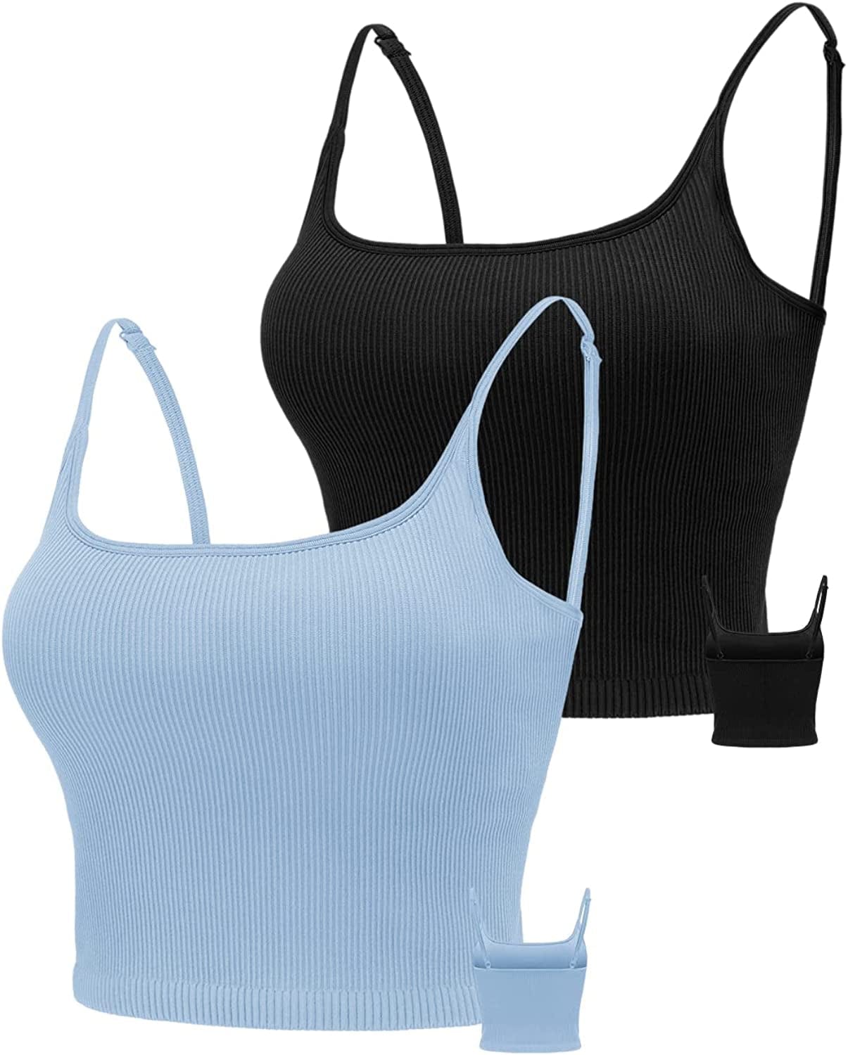 KIKIWING Cropped Tank Top Longline Bralette Sports Bra Tank Top 2 Pack Brami Tops Ribbed Crop Top Seamless Sports Bra Set 2 Pack-black+blue / Large