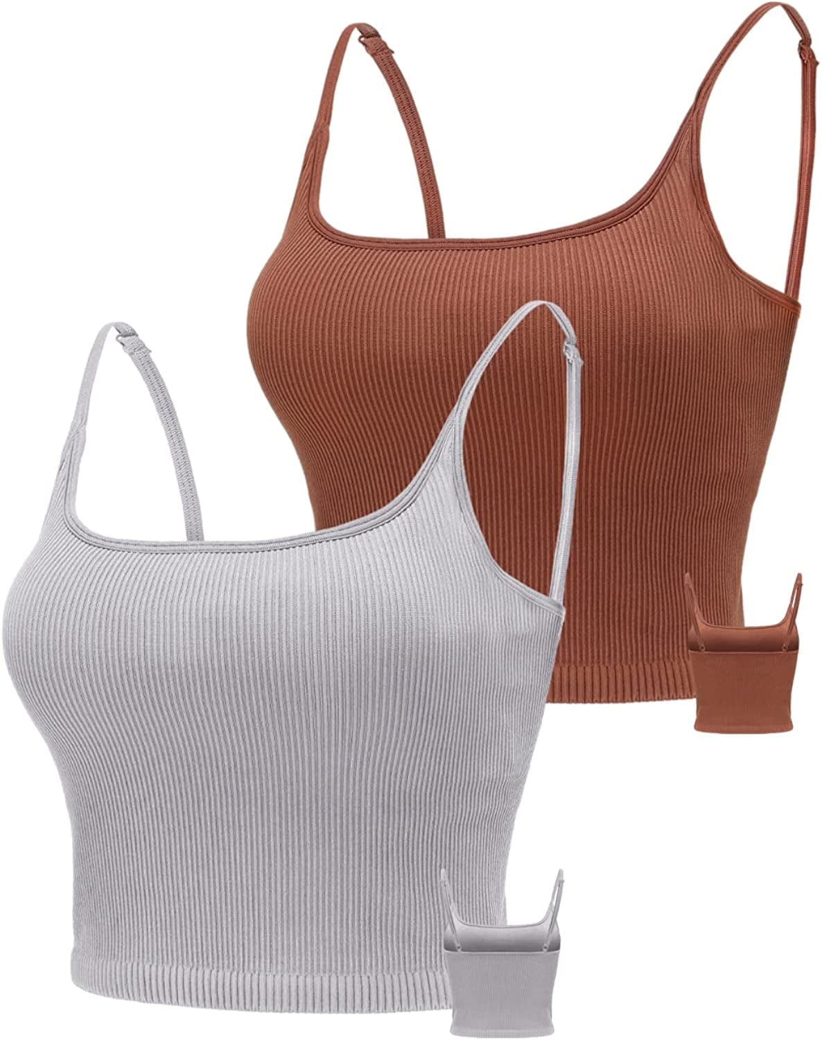 KIKIWING Cropped Tank Top Longline Bralette Sports Bra Tank Top 2 Pack Brami Tops Ribbed Crop Top Seamless Sports Bra Set 2 Pack-grey+bronze / Large