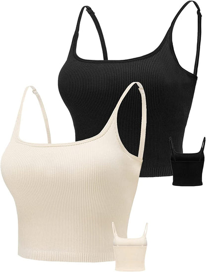 KIKIWING Cropped Tank Top Longline Bralette Sports Bra Tank Top 2 Pack Brami Tops Ribbed Crop Top Seamless Sports Bra Set 2 Pack-black+beige / Large