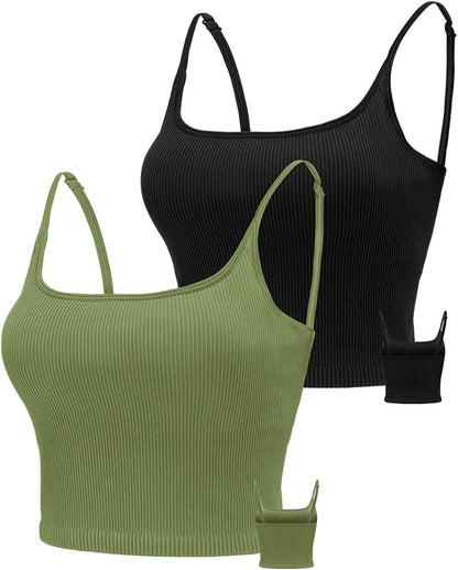 KIKIWING Cropped Tank Top Longline Bralette Sports Bra Tank Top 2 Pack Brami Tops Ribbed Crop Top Seamless Sports Bra Set 2 Pack-black+green / Large