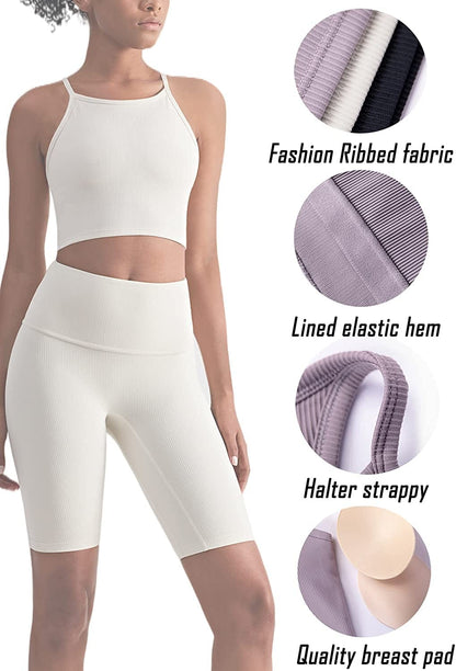 KIKIWING Cropped Tank Top Longline Bralette Sports Bra Tank Top 2 Pack Brami Tops Ribbed Crop Top Seamless Sports Bra Set