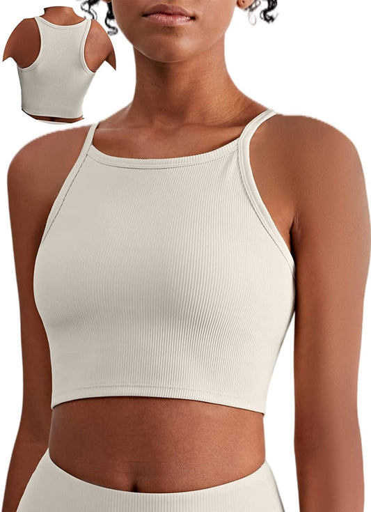 KIKIWING Cropped Tank Top Longline Bralette Sports Bra Tank Top 2 Pack Brami Tops Ribbed Crop Top Seamless Sports Bra Set H-ivory White / Large