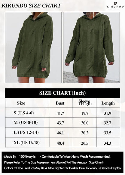 KIRUNDO Womens Fashion 2023 Fall Winter Oversized Cable Knit Hooded Sweater Dress Long Sleeve Chunky Sweaters Pullover