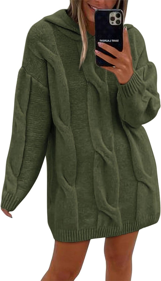KIRUNDO Womens Fashion 2023 Fall Winter Oversized Cable Knit Hooded Sweater Dress Long Sleeve Chunky Sweaters Pullover