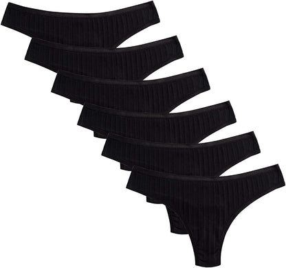 KNITLORD 6 Pack Women'S Thongs Underwear Cotton Breathable Panties Hipster Bikini Rib Black - 6 Pack / Medium
