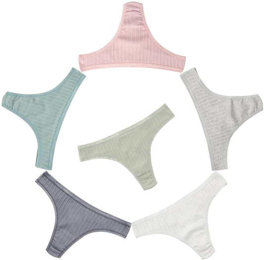 KNITLORD 6 Pack Women'S Thongs Underwear Cotton Breathable Panties Hipster Bikini 6 Pack Assorted Ribs / Medium