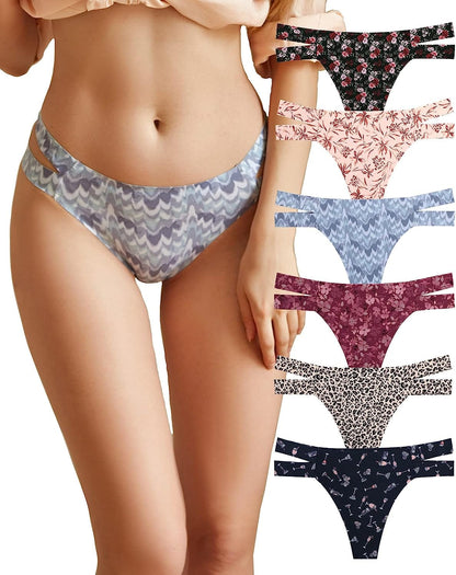 Knowyou 6 Pack Seamless Thongs for Women Sexy No Show Breathable Underwear Stretch Straps T-Back Tangas Panties for Ladies J 6pack ( Floral*6) / Medium