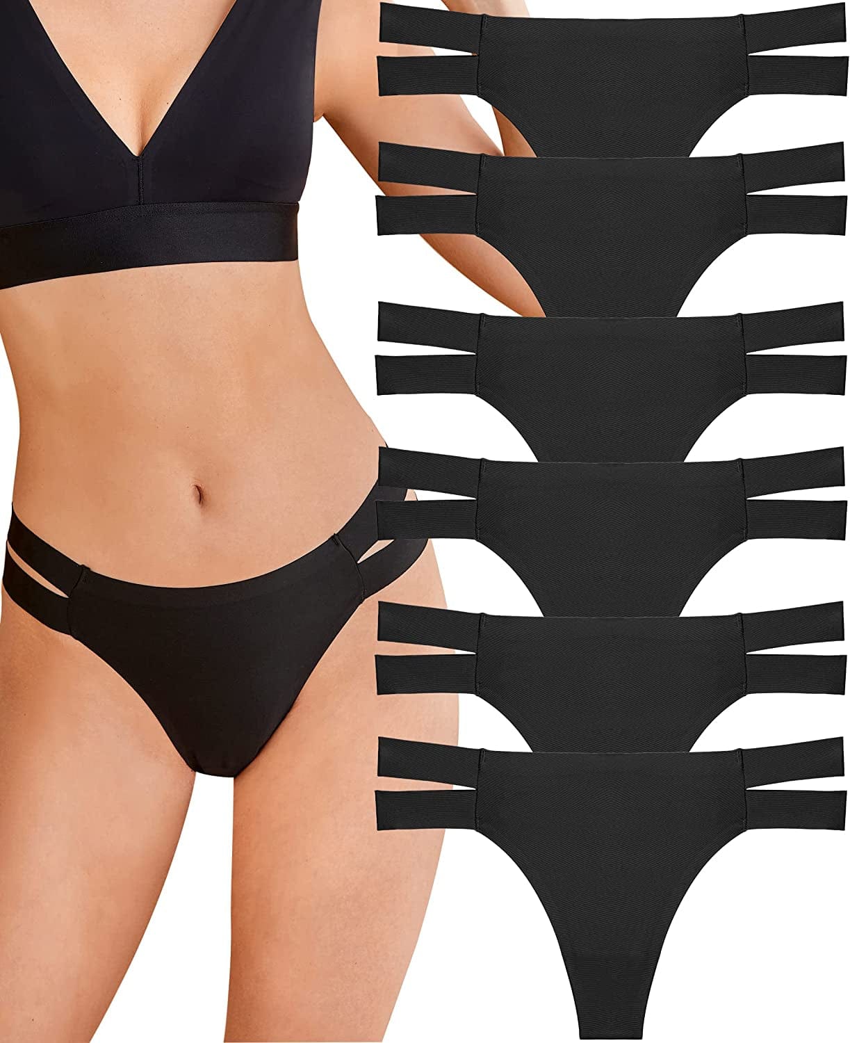 Knowyou 6 Pack Seamless Thongs for Women Sexy No Show Breathable Underwear Stretch Straps T-Back Tangas Panties for Ladies I 6pack Thong (Black*6 ) / Large