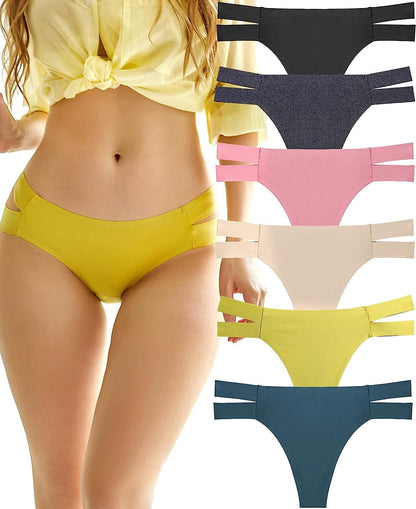Knowyou 6 Pack Seamless Thongs for Women Sexy No Show Breathable Underwear Stretch Straps T-Back Tangas Panties for Ladies E 6pack ( Black*1 Green*1 Nude*1 Pink*1 Grey*1 Lime Green*1 ) / Large