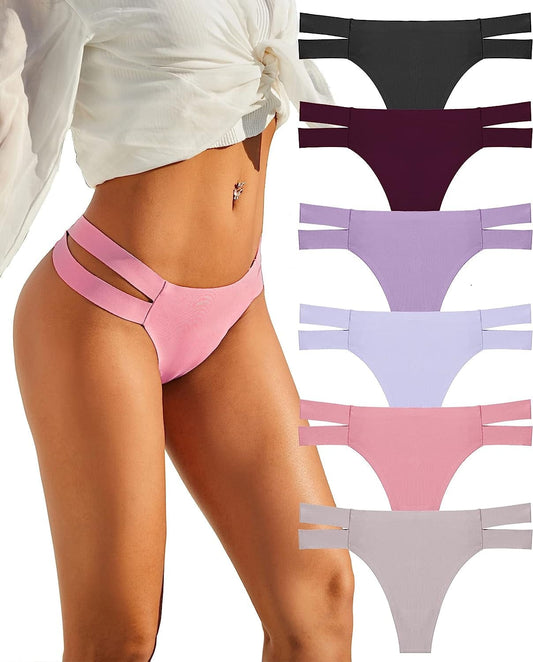 Knowyou 6 Pack Seamless Thongs for Women Sexy No Show Breathable Underwear Stretch Straps T-Back Tangas Panties for Ladies A 6pack Thong (Black*1 Brown*1 Wine*1 Pink*1 Purple*1 Grey*1) / Large