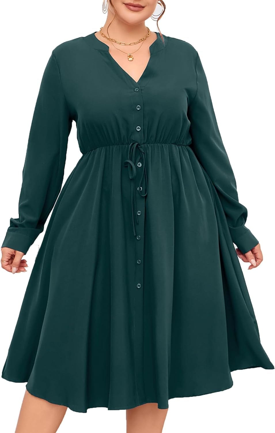 KOJOOIN Women'S plus Size Button down Maxi Dress V Neck Long Sleeve Business Casual Work Polo Shirt Long Dress with Pockets Dark Green / 5X-Large Plus