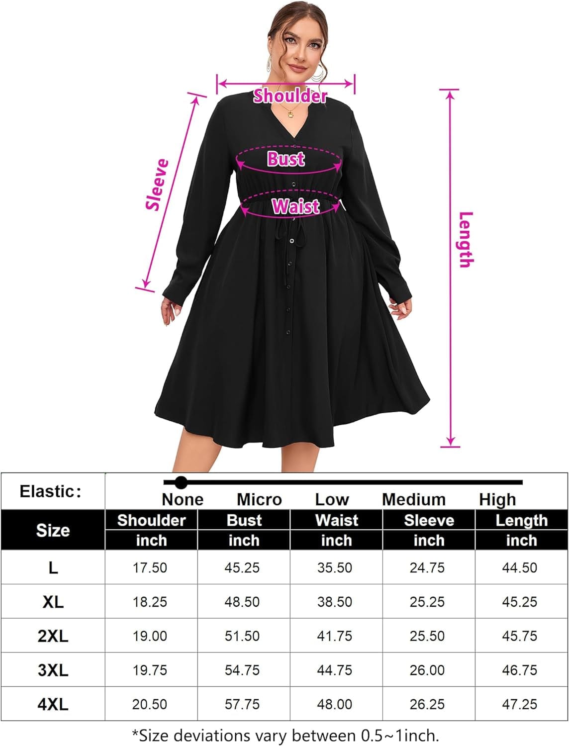 KOJOOIN Women'S plus Size Button down Maxi Dress V Neck Long Sleeve Business Casual Work Polo Shirt Long Dress with Pockets