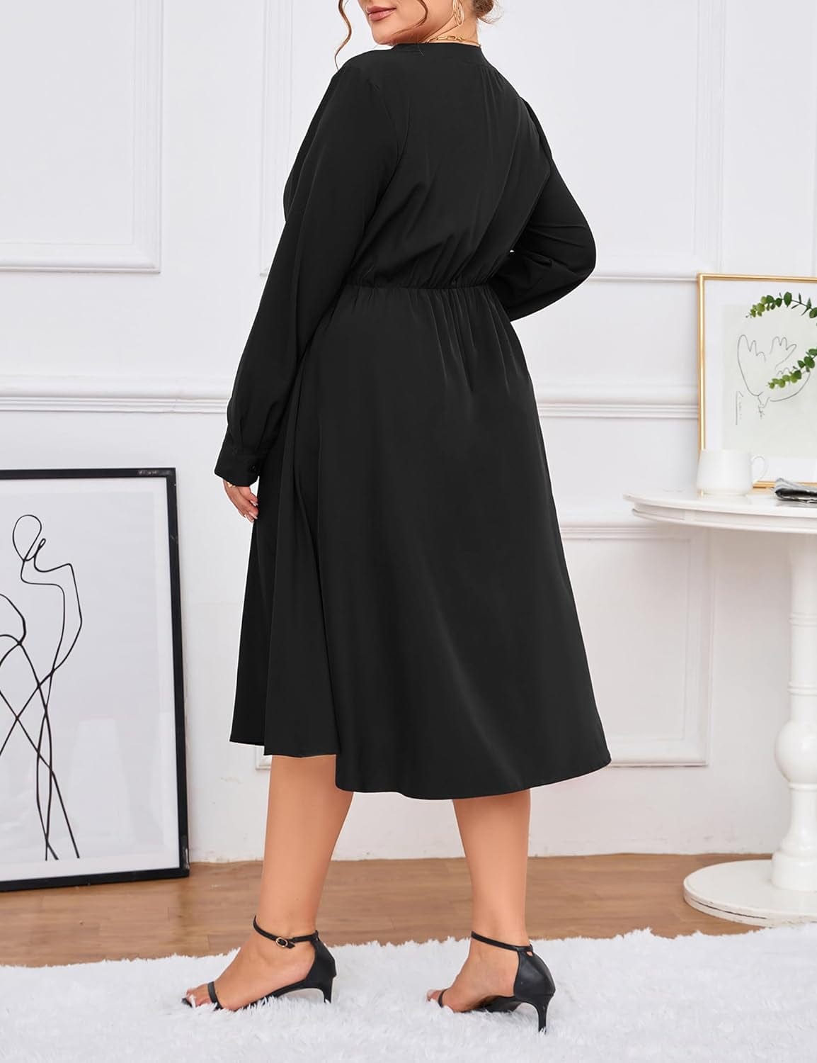 KOJOOIN Women'S plus Size Button down Maxi Dress V Neck Long Sleeve Business Casual Work Polo Shirt Long Dress with Pockets