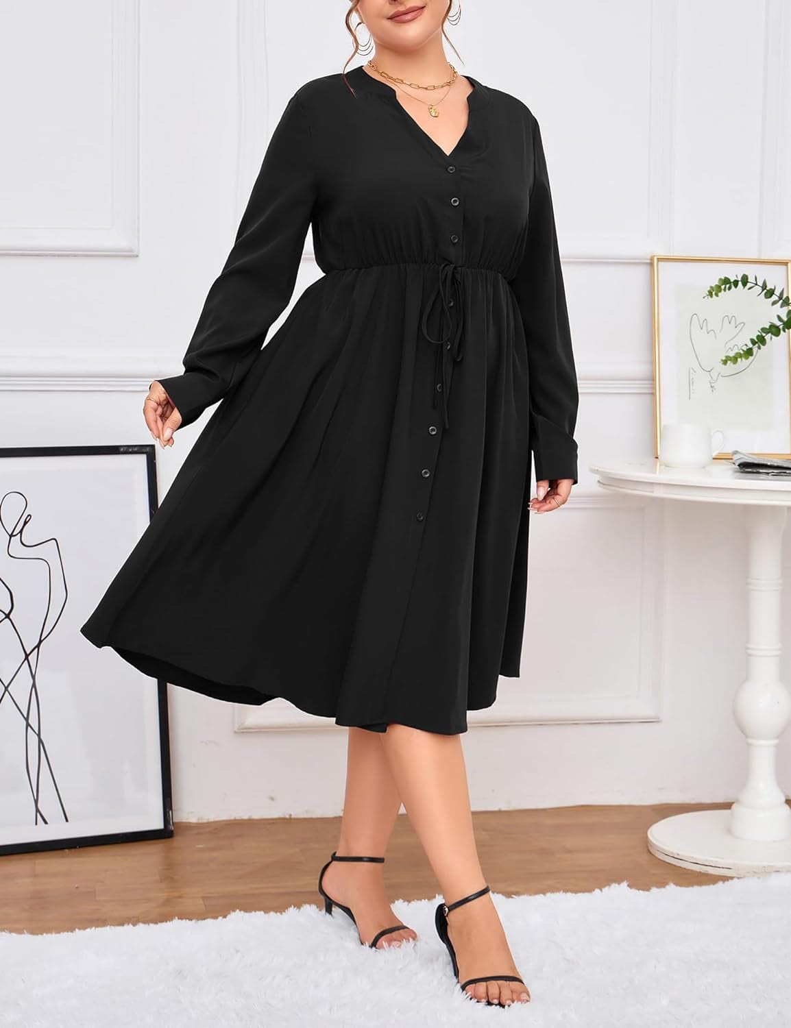 KOJOOIN Women'S plus Size Button down Maxi Dress V Neck Long Sleeve Business Casual Work Polo Shirt Long Dress with Pockets