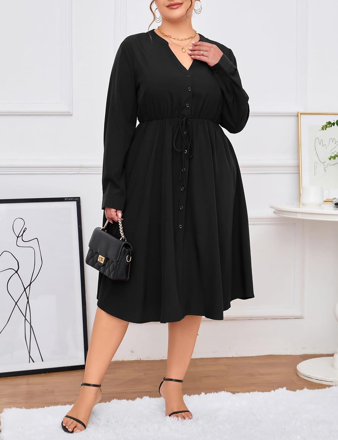 KOJOOIN Women'S plus Size Button down Maxi Dress V Neck Long Sleeve Business Casual Work Polo Shirt Long Dress with Pockets