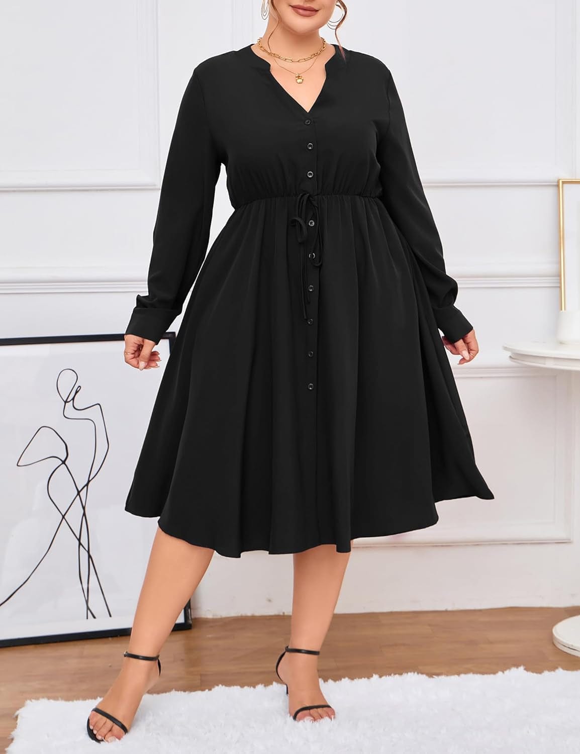 KOJOOIN Women'S plus Size Button down Maxi Dress V Neck Long Sleeve Business Casual Work Polo Shirt Long Dress with Pockets