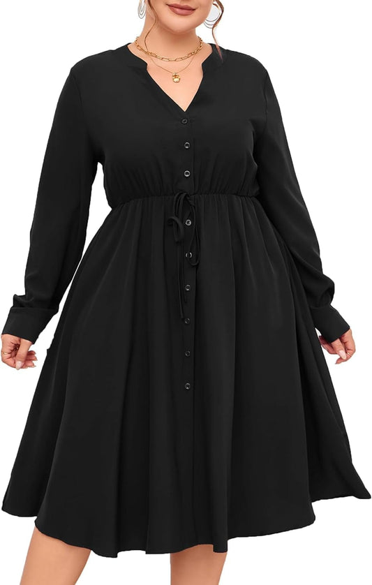 KOJOOIN Women'S plus Size Button down Maxi Dress V Neck Long Sleeve Business Casual Work Polo Shirt Long Dress with Pockets