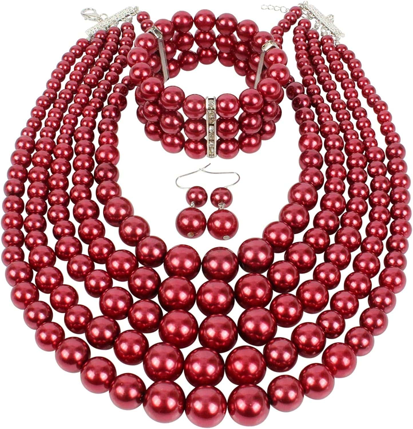 KOSMOS-LI Large Multi Layer Pearl Strand Costume Jewelry Sets Burgundy
