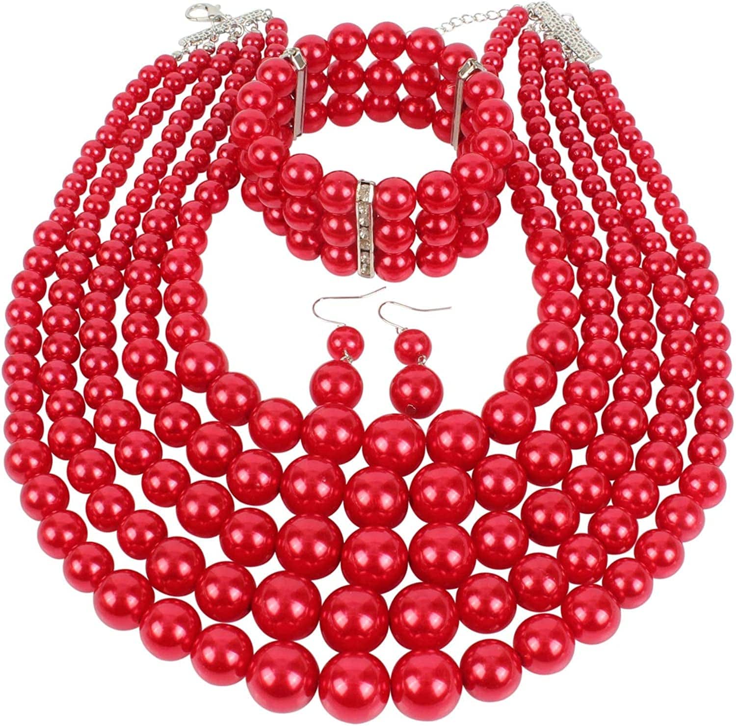 KOSMOS-LI Large Multi Layer Pearl Strand Costume Jewelry Sets red