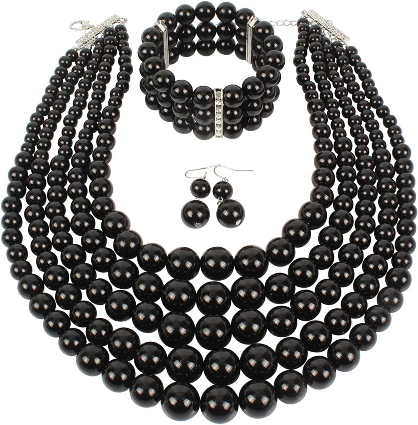 KOSMOS-LI Large Multi Layer Pearl Strand Costume Jewelry Sets Black