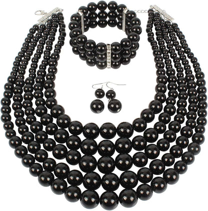 KOSMOS-LI Large Multi Layer Pearl Strand Costume Jewelry Sets Black