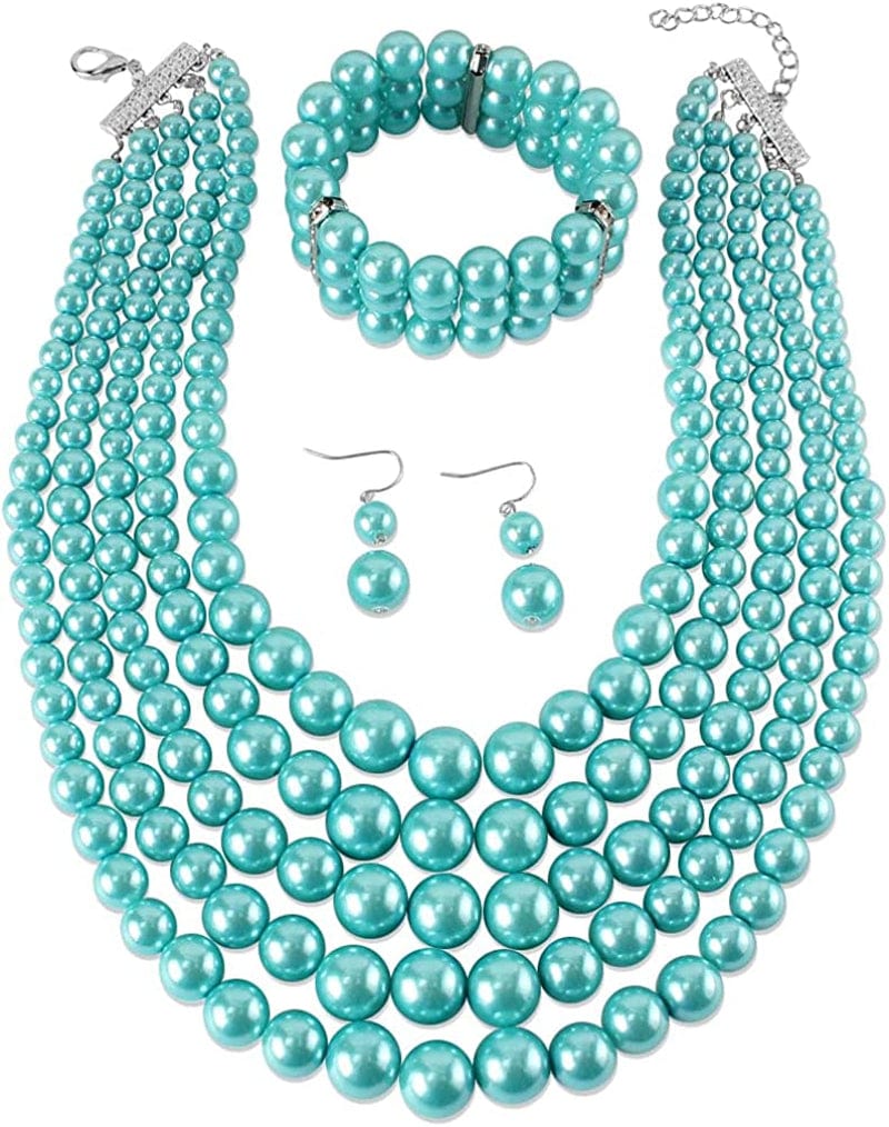 KOSMOS-LI Large Multi Layer Pearl Strand Costume Jewelry Sets Blue