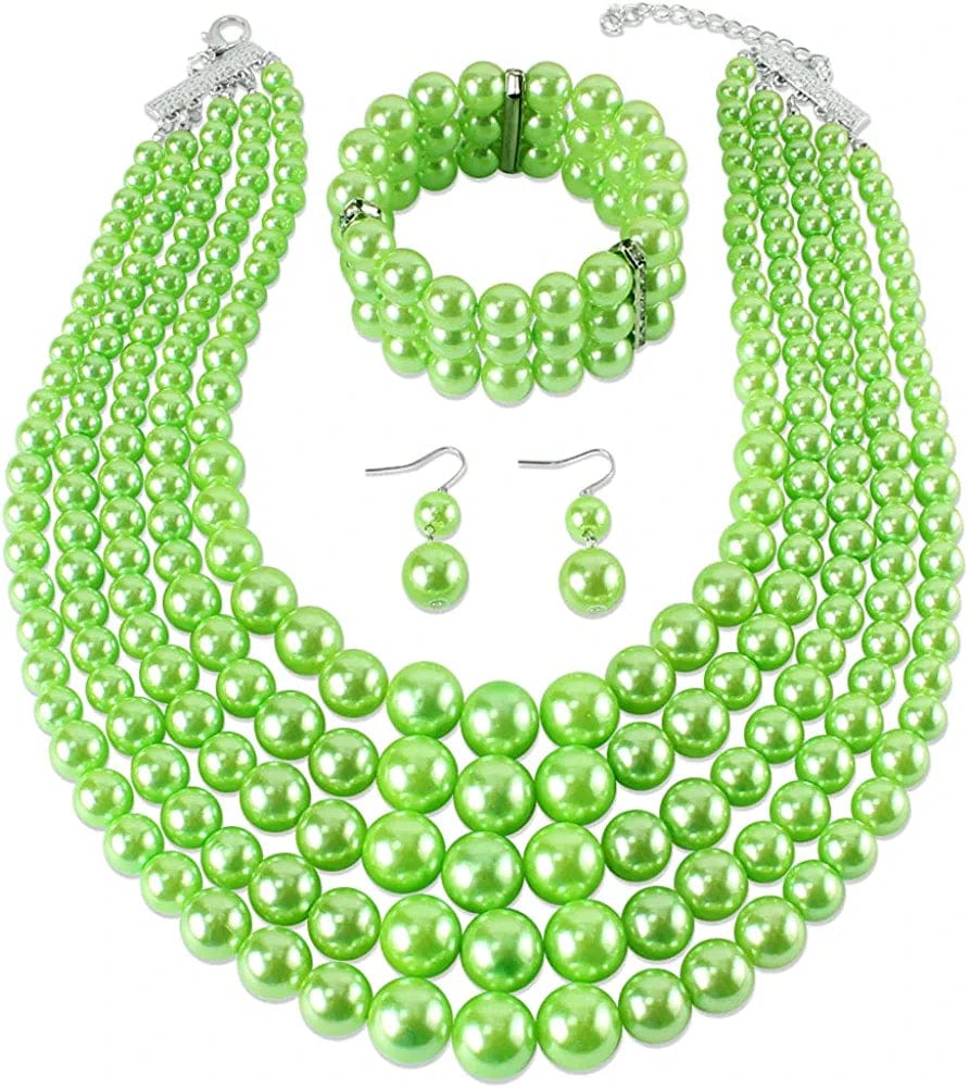 KOSMOS-LI Large Multi Layer Pearl Strand Costume Jewelry Sets Green