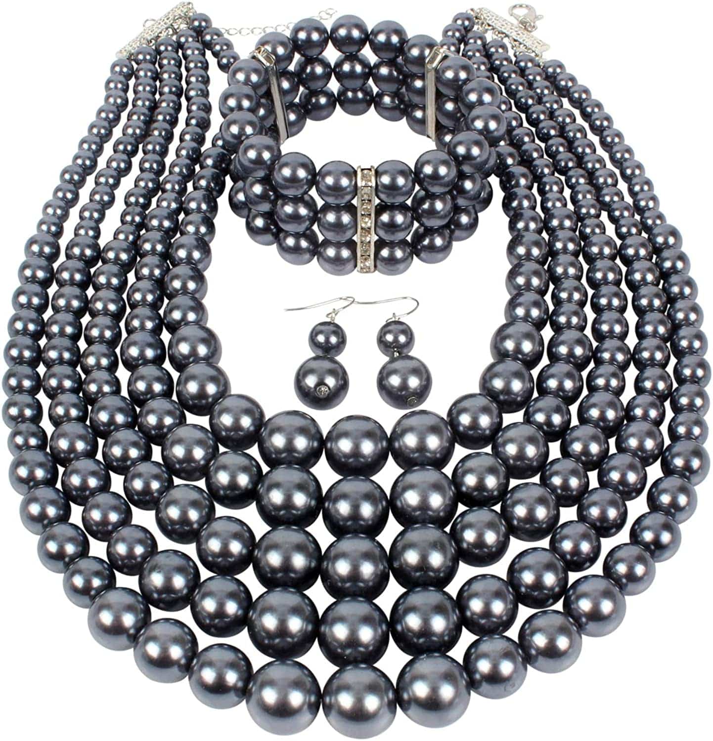 KOSMOS-LI Large Multi Layer Pearl Strand Costume Jewelry Sets Grey