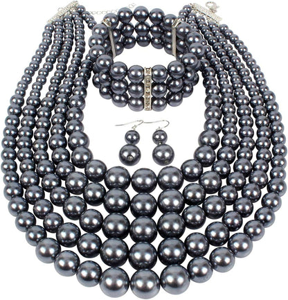 KOSMOS-LI Large Multi Layer Pearl Strand Costume Jewelry Sets Grey
