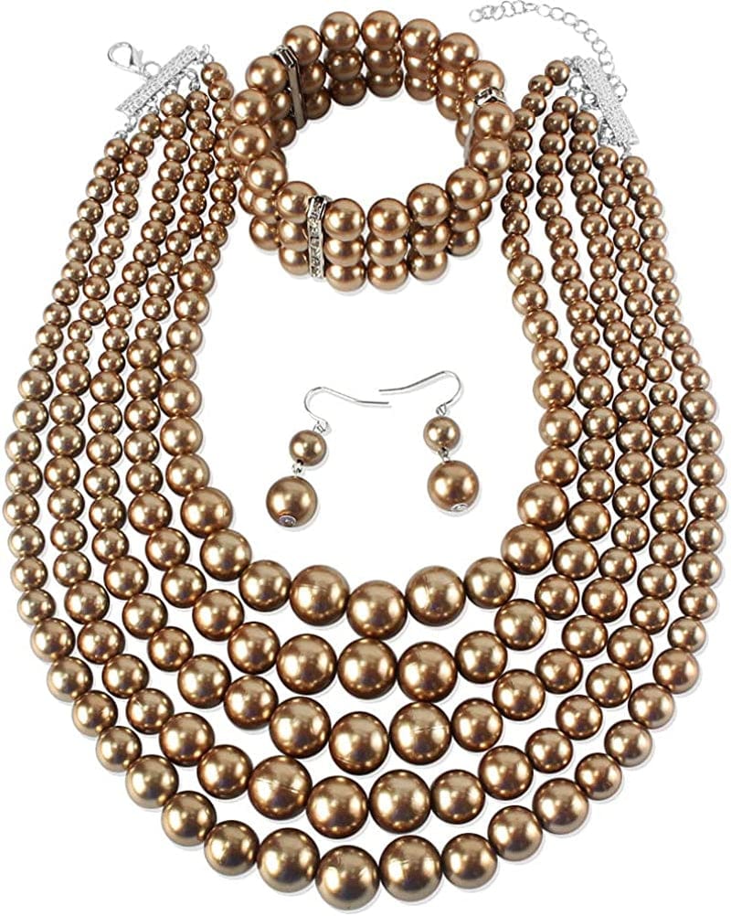 KOSMOS-LI Large Multi Layer Pearl Strand Costume Jewelry Sets Brown