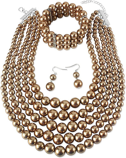 KOSMOS-LI Large Multi Layer Pearl Strand Costume Jewelry Sets Brown