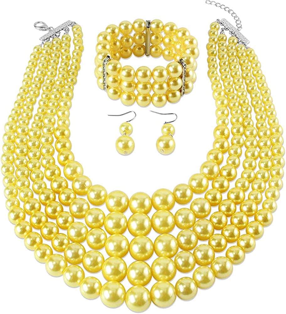 KOSMOS-LI Large Multi Layer Pearl Strand Costume Jewelry Sets Yellow