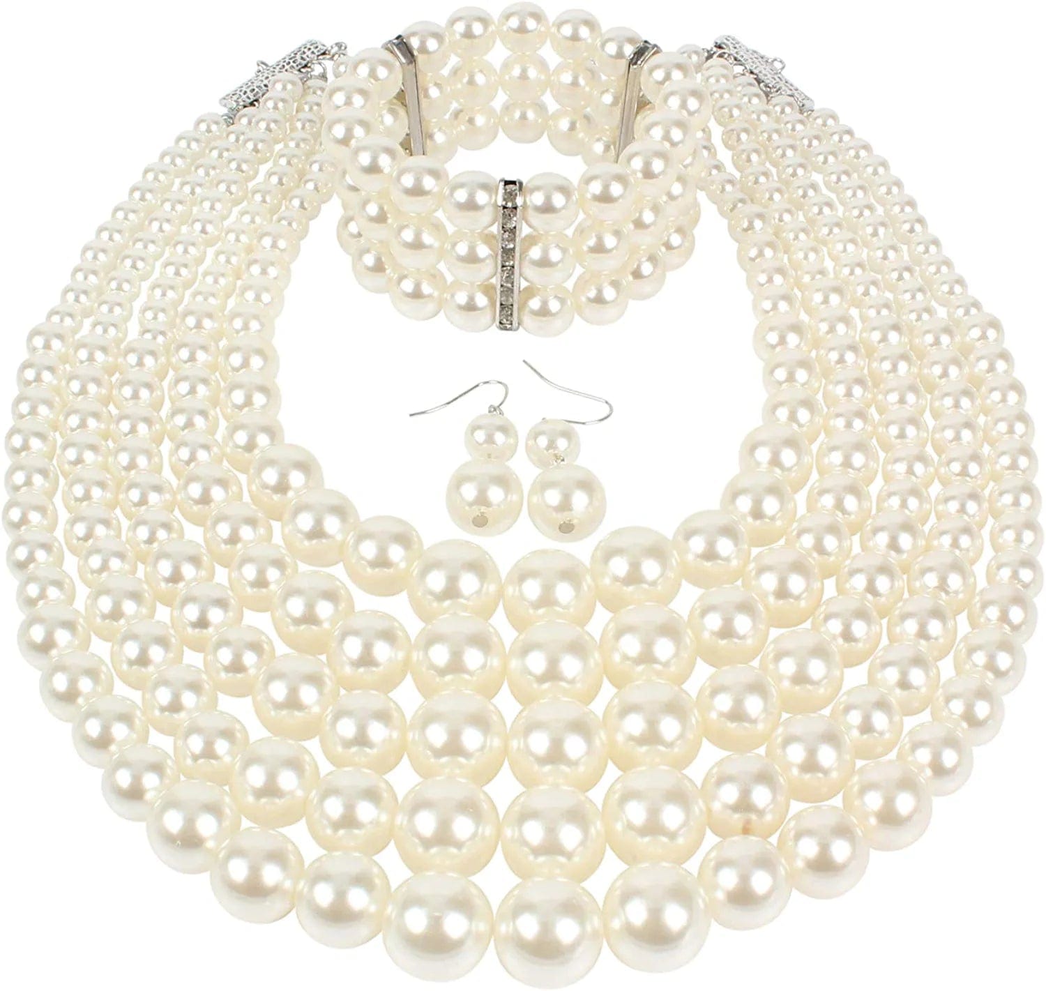 KOSMOS-LI Large Multi Layer Pearl Strand Costume Jewelry Sets Ivory