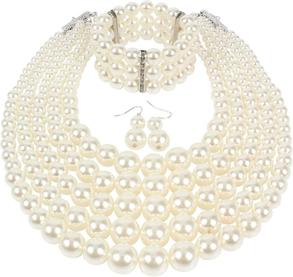 KOSMOS-LI Large Multi Layer Pearl Strand Costume Jewelry Sets Ivory
