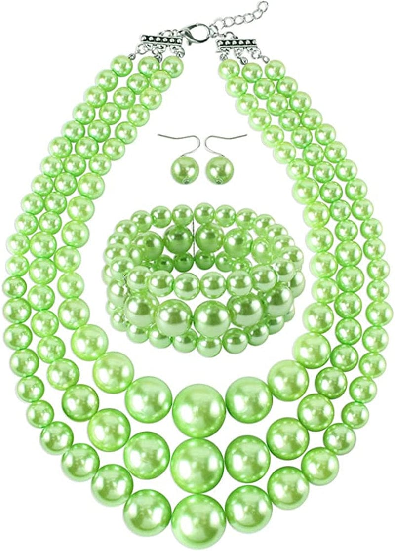 KOSMOS-LI Women'S 3 Layer Simulated Pearl Statement 18" Necklace Bracelet and Earrings Jewelry Set green