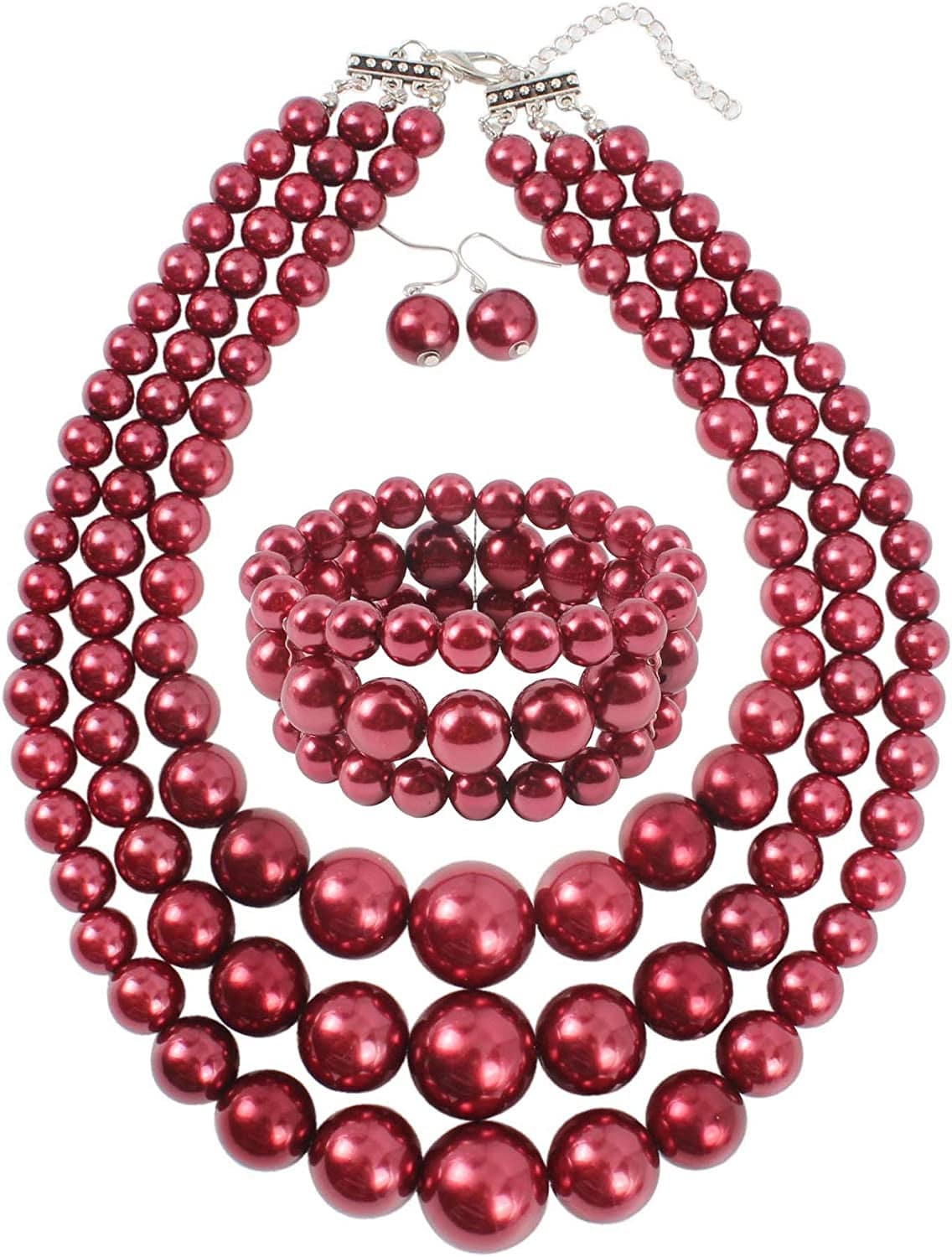 KOSMOS-LI Women'S 3 Layer Simulated Pearl Statement 18" Necklace Bracelet and Earrings Jewelry Set burgundy