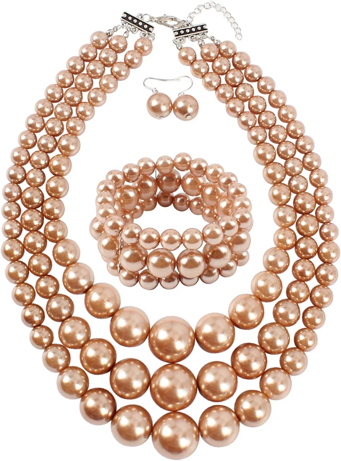 KOSMOS-LI Women'S 3 Layer Simulated Pearl Statement 18" Necklace Bracelet and Earrings Jewelry Set brown