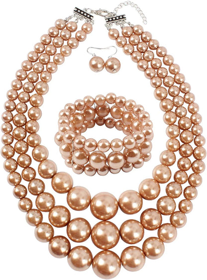 KOSMOS-LI Women'S 3 Layer Simulated Pearl Statement 18" Necklace Bracelet and Earrings Jewelry Set brown