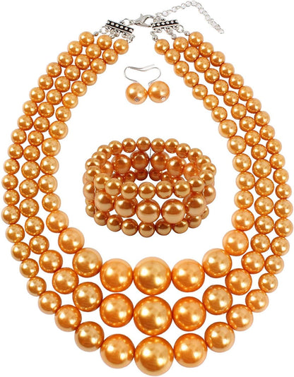 KOSMOS-LI Women'S 3 Layer Simulated Pearl Statement 18" Necklace Bracelet and Earrings Jewelry Set orange