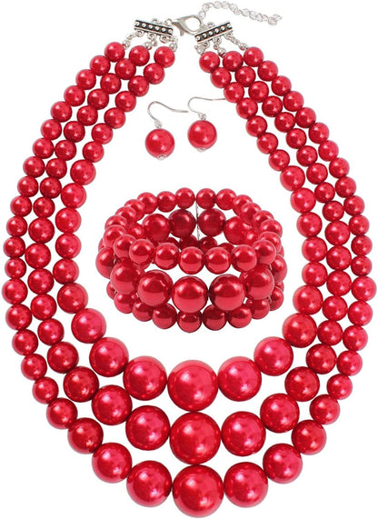 KOSMOS-LI Women'S 3 Layer Simulated Pearl Statement 18" Necklace Bracelet and Earrings Jewelry Set red