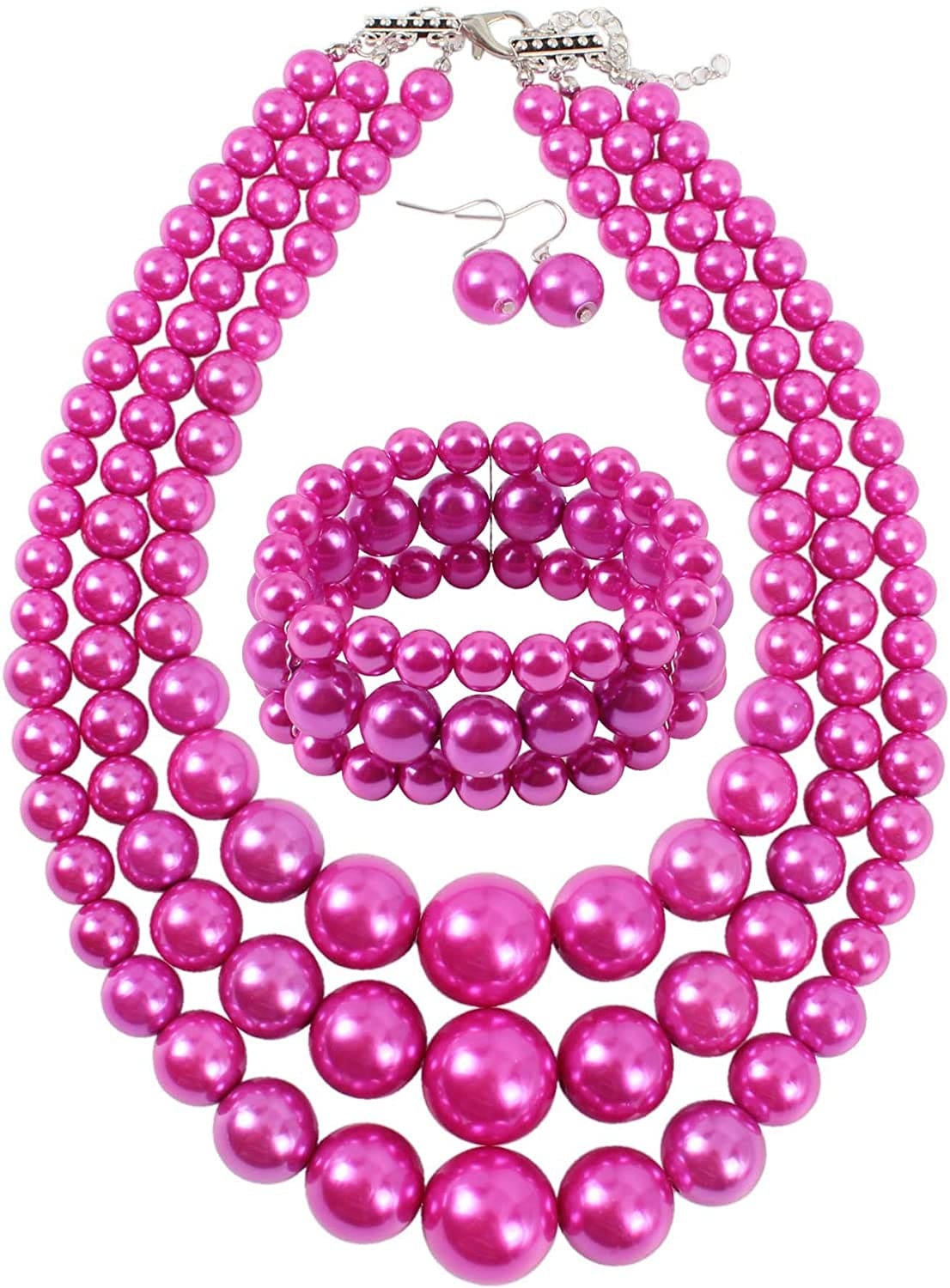 KOSMOS-LI Women'S 3 Layer Simulated Pearl Statement 18" Necklace Bracelet and Earrings Jewelry Set fuchsia