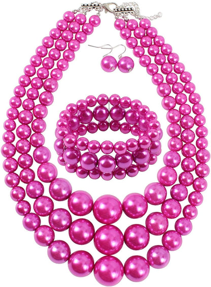 KOSMOS-LI Women'S 3 Layer Simulated Pearl Statement 18" Necklace Bracelet and Earrings Jewelry Set fuchsia